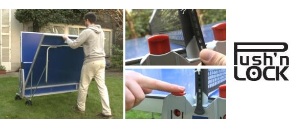 Homme qui manipule une table de ping pong cornilleau dans son jardin avnt de jouer